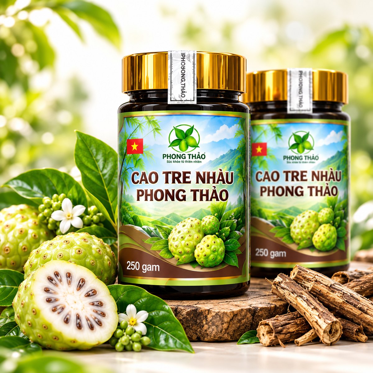 Hai lọ Cao Tre Nhàu Phong Thảo 250g bên trái nhàu và rễ nhàu