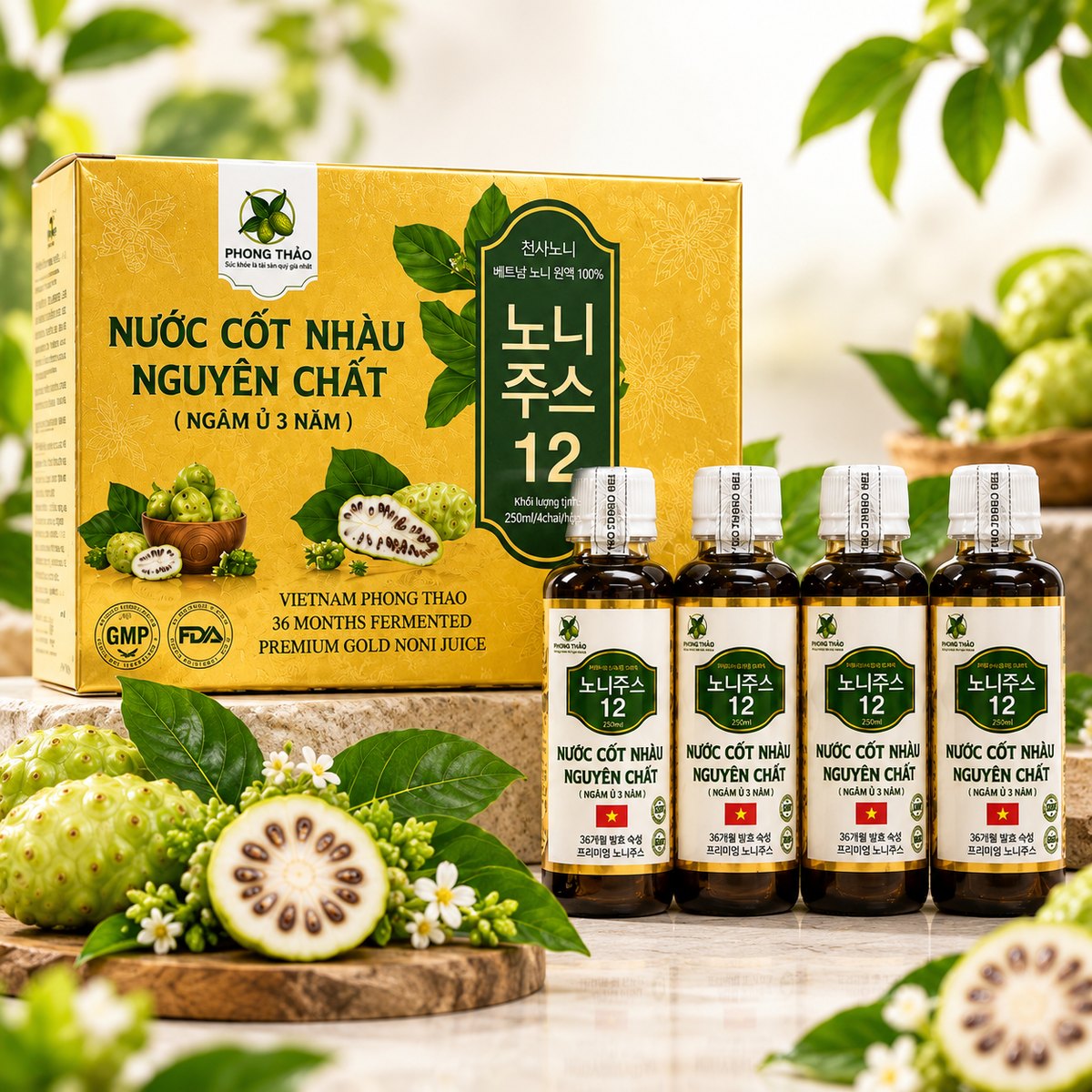 Hộp Nước Cốt Nhàu Nguyên Chất Phong Thảo cùng 4 chai 250ml