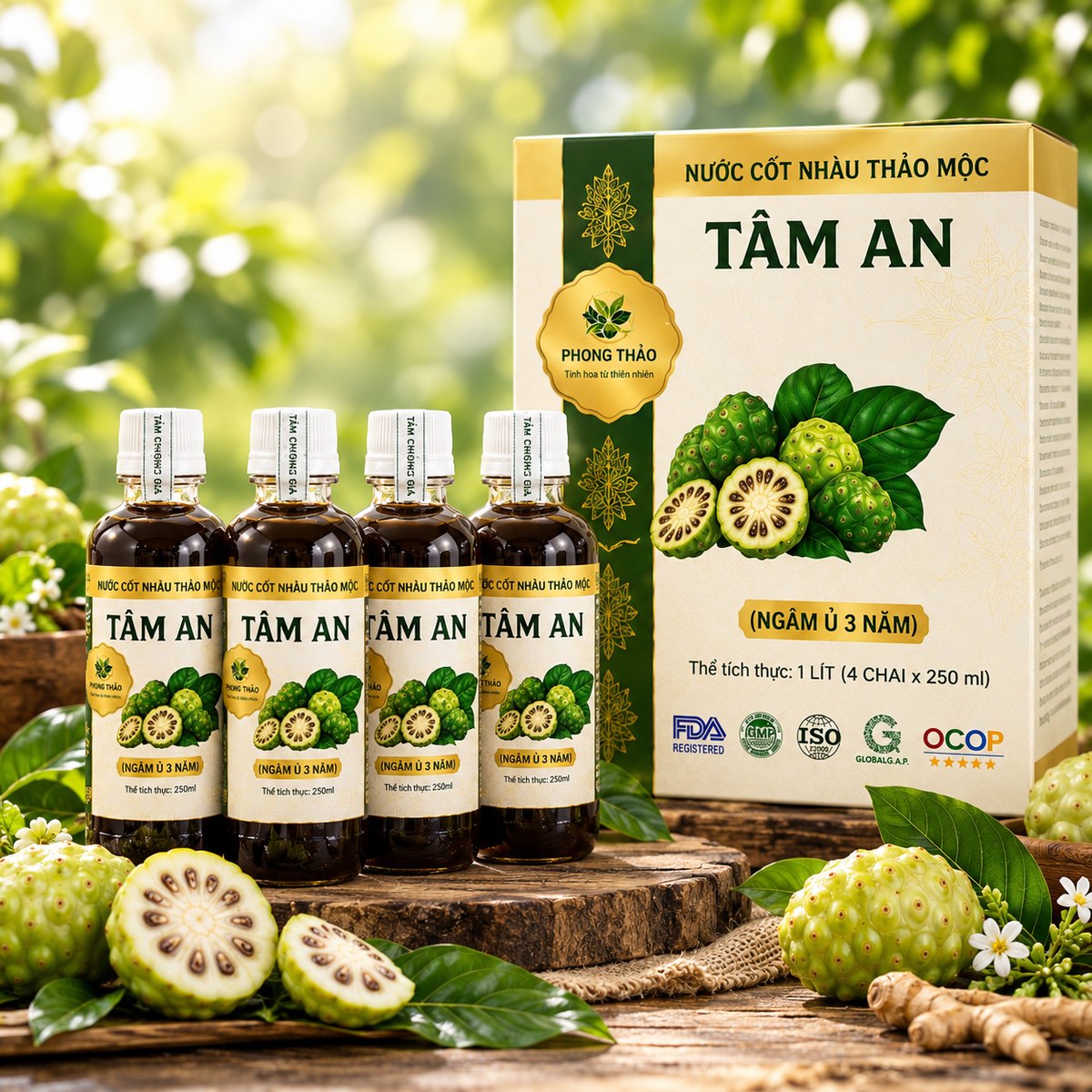 Hộp Nước Cốt Nhàu Thảo Mộc Tâm An cùng 4 chai 250ml