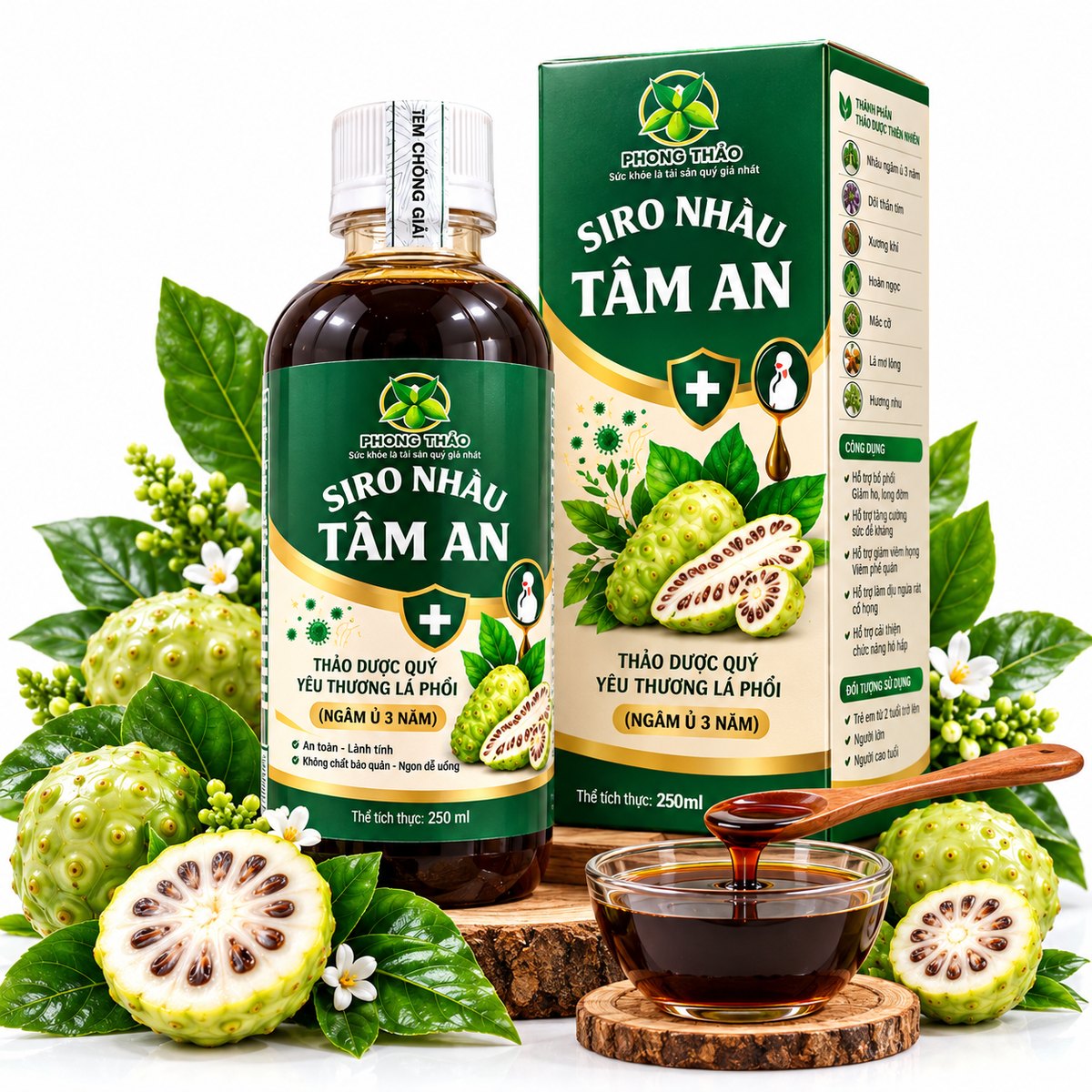 Chai và hộp Siro Nhàu Tâm An 250ml bên chén siro